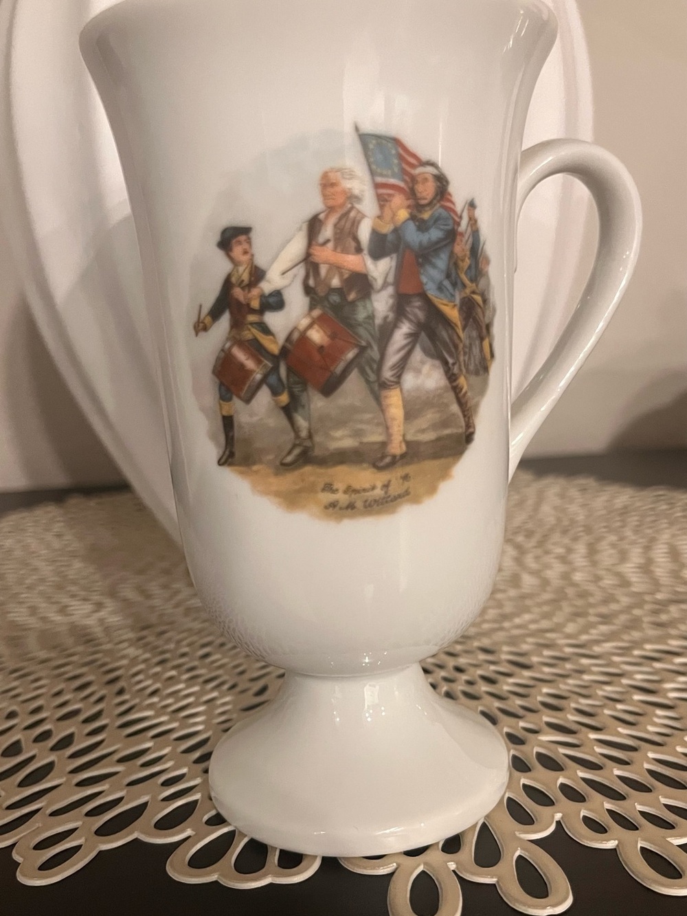 1970’s vintage Fred Roberts Revolutionary War Pedestal Mug featuring a colorful